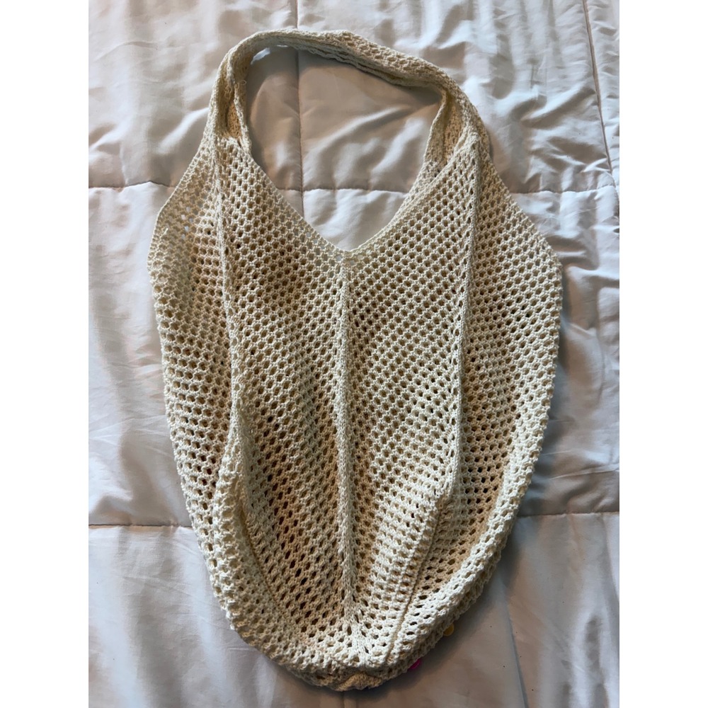 Boho Crochet Net Tote Bag Cream Off White Multi Color Beaded Market Bag Summer - Picture 2 of 5